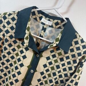 LAVI Mens Geometric Diamond Print Button Down Shirt Green Navy Blue Large